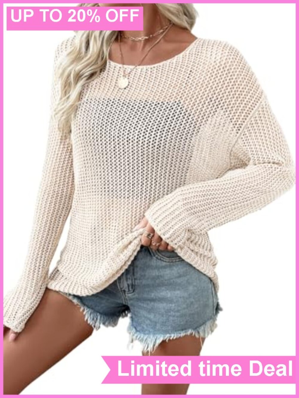 Crochet Sweater Hollow Out Knit Long Sleeve Crewneck Loose Pullover
